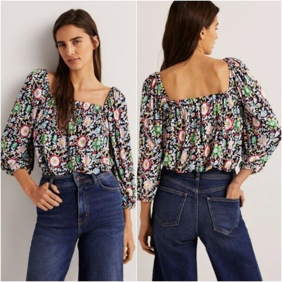 Boden Tops - BODEN Square Neck Swing Jersey Knit Top Sleeves Colorful Swedish Floral Size 14